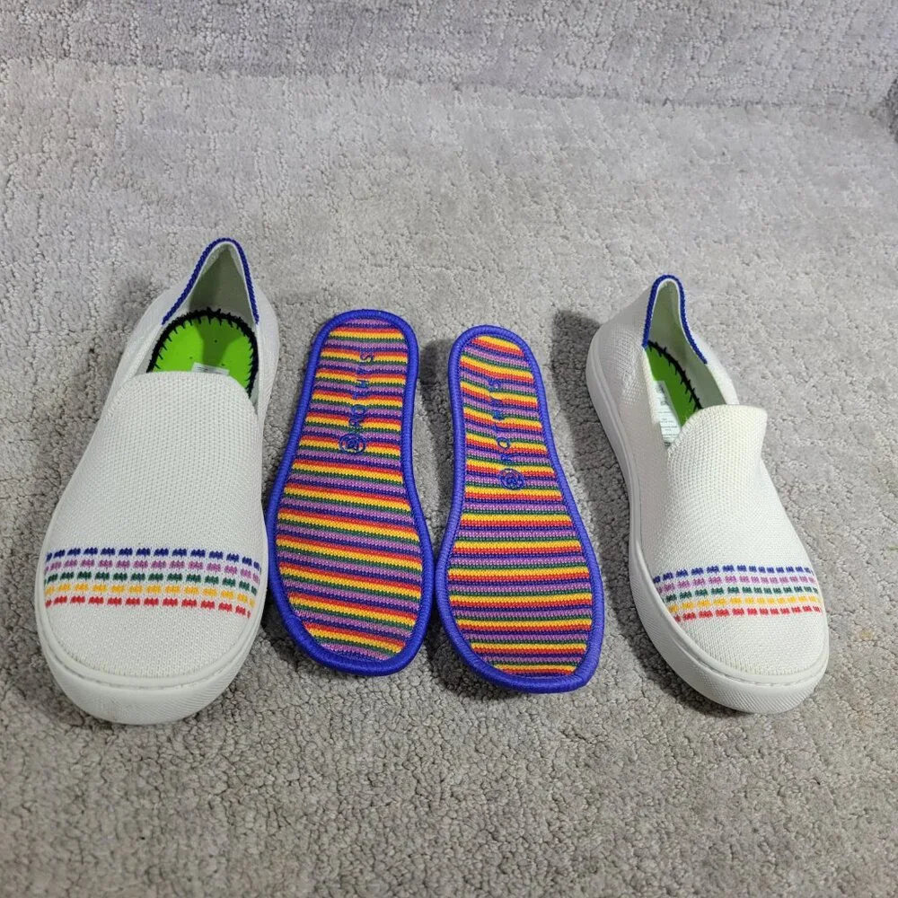 Rothy's The Kid White Rainbow Knit Slip On Sneaker Shoes Big Girl's Size US 1